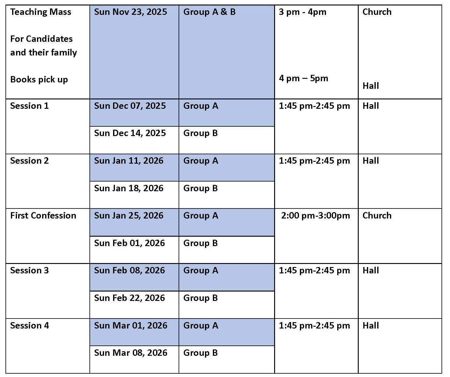 2025-2026 First Communion Schedule